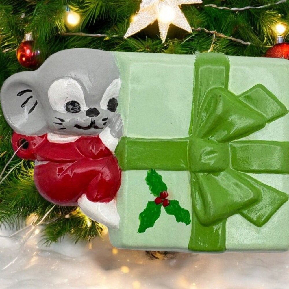 Vintage Christmas Mouse Ornament With Gift & Holly Design Hand Painted